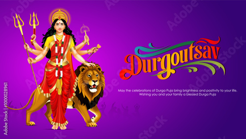 Powerful Goddess Durga Standing Tall with Eight Arms Holding Weapons Riding a Lion Wielding a Trident and Lotus with Durgoutsav Text for Durga Puja