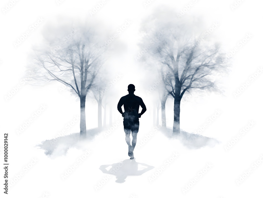 Foggy Morning Jogger on a Serene Street Path Foggy Morning Jogger on a Serene Street Path