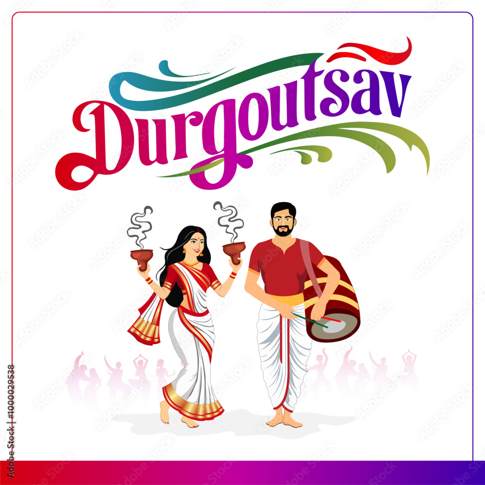 Obraz premium Festive Durgoutsav Couple in Traditional Bengali Attire Woman Holding Diyas Man Playing Dhol, with a Colorful Background of Dancing and Celebration 