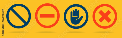 Ensemble de pictos d'interdiction - Pictogrammes et panneaux - Interdit - Couleurs vives - Interdits - Diagonale, traits, main, croix - Avertissement - Signe, icône et symbole, stop 