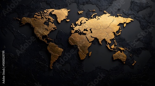 Golden World Map on Black Background