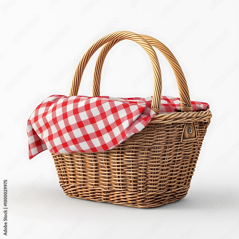 A wicker picnic basket with a red and white checkered tablecloth, an invitation to a classic outdoor meal. A wicker picnic basket with a red and white checkered tablecloth, an invitation to a classic outdoor meal.