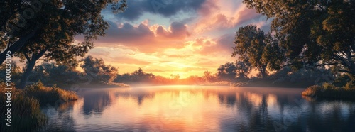 Serene sunset over a tranquil river, surrounded by lush trees and soft clouds.