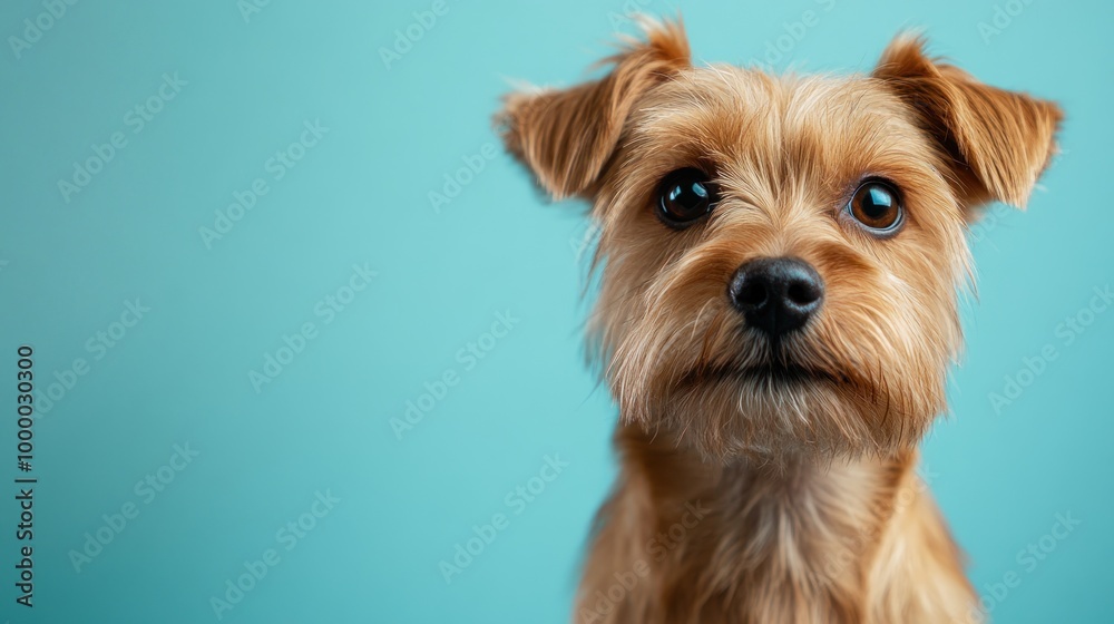 A close-up of a small, fluffy dog with expressive eyes against a blue background. A close-up of a small, fluffy dog with expressive eyes against a blue background.