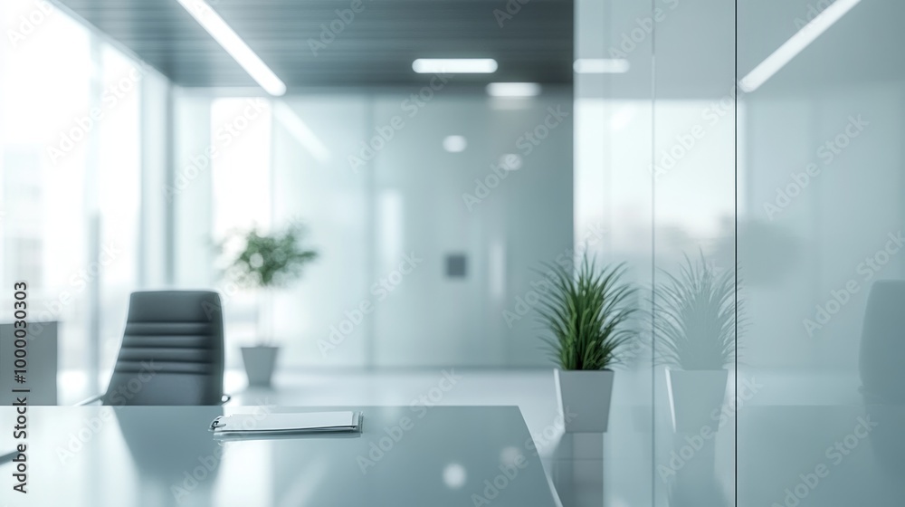 Modern office space featuring a minimalist design with plants and natural light. Modern office space featuring a minimalist design with plants and natural light.