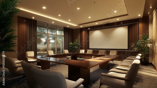 Professional conference room with modern AV facilities  smart board  and elegant seating arrangement for productive meetings.