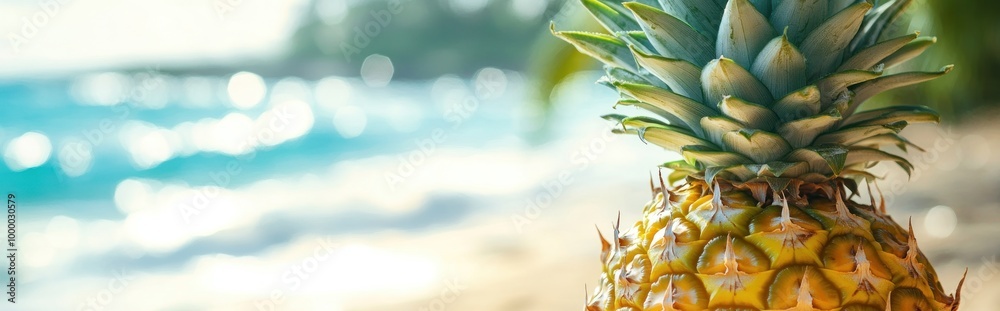 Fototapeta premium A close-up of a pineapple on a beach with a blurred ocean background.