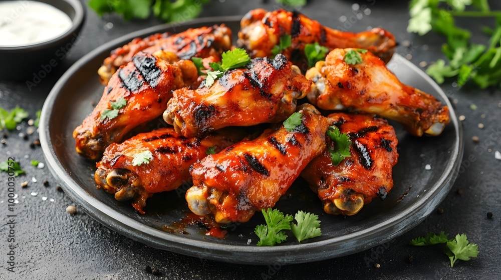 Grilled chicken wings on a plate, garnished with herbs, served with a creamy dipping sauce. Grilled chicken wings on a plate, garnished with herbs, served with a creamy dipping sauce.