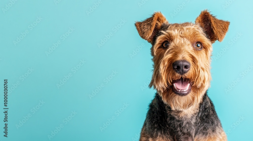 A cheerful dog with a fluffy coat against a blue background, showcasing its playful nature. A cheerful dog with a fluffy coat against a blue background, showcasing its playful nature.