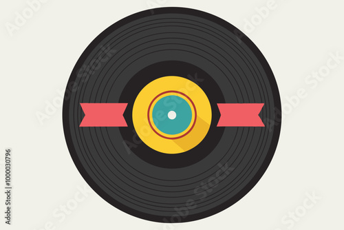 Realistic Black Vinyl Record Vector with Vibrant Center Label High-Quality Music Illustration