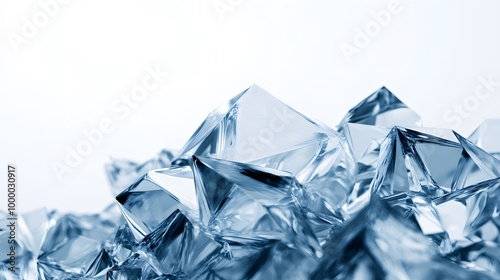 A close-up view of shimmering ice cubes, capturing their angular shapes and translucent texture against a soft, light background.