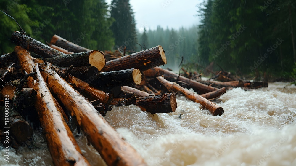 Logs in a Rushing River During a Heavy Rainstorm. Logs in a Rushing River During a Heavy Rainstorm.