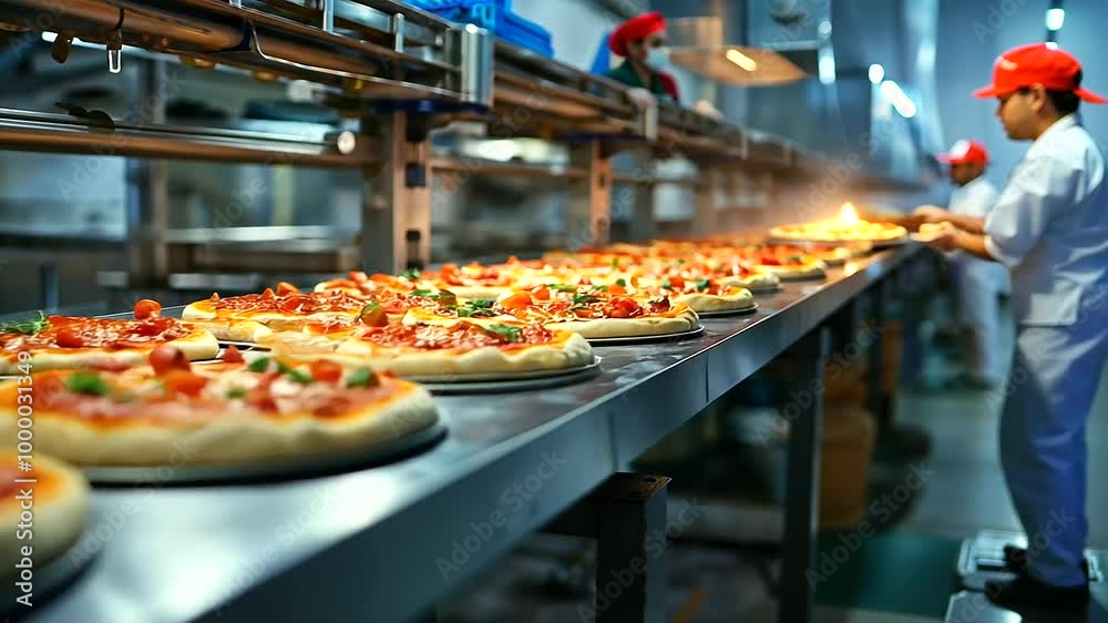 High-efficiency factory producing frozen foods like pizzas, where dough is being rolled, topped, and flash-frozen before packaging High-efficiency factory producing frozen foods like pizzas, where dough is being rolled, topped, and flash-frozen before packaging