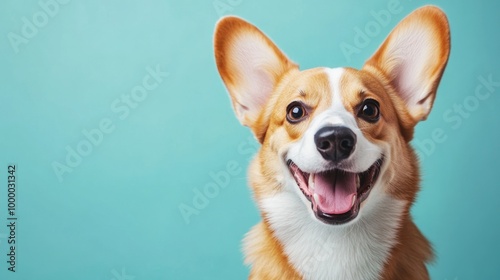 A cheerful corgi dog with a big smile against a turquoise background.