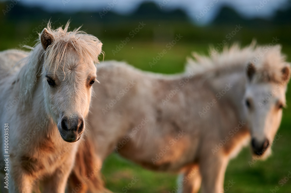Two Young Ponies Nuzzling in an Evening Pasture in Rural Iceland, Captured in Soft Natural Light, Displaying Affectionate Behavior