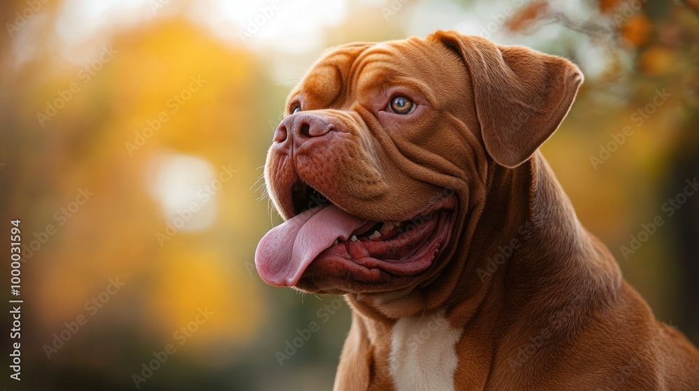 A close-up of a brown dog with a happy expression in a colorful autumn setting. A close-up of a brown dog with a happy expression in a colorful autumn setting.