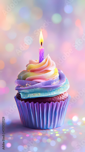 Warm candlelight on a rainbow cupcake