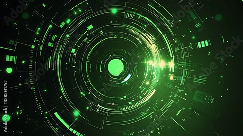 Abstract circular green neon light pattern on black background.