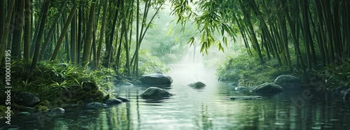 Obraz  z motywem Serene bamboo forest with a calm water reflection and gentle mist.