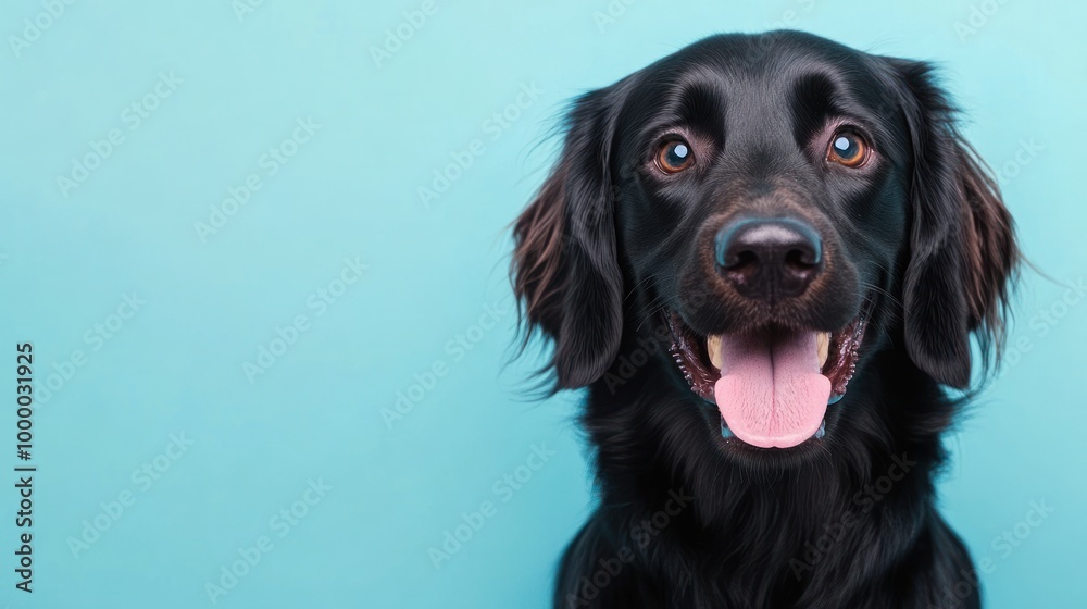 A cheerful black dog with a bright smile against a light blue background. A cheerful black dog with a bright smile against a light blue background.