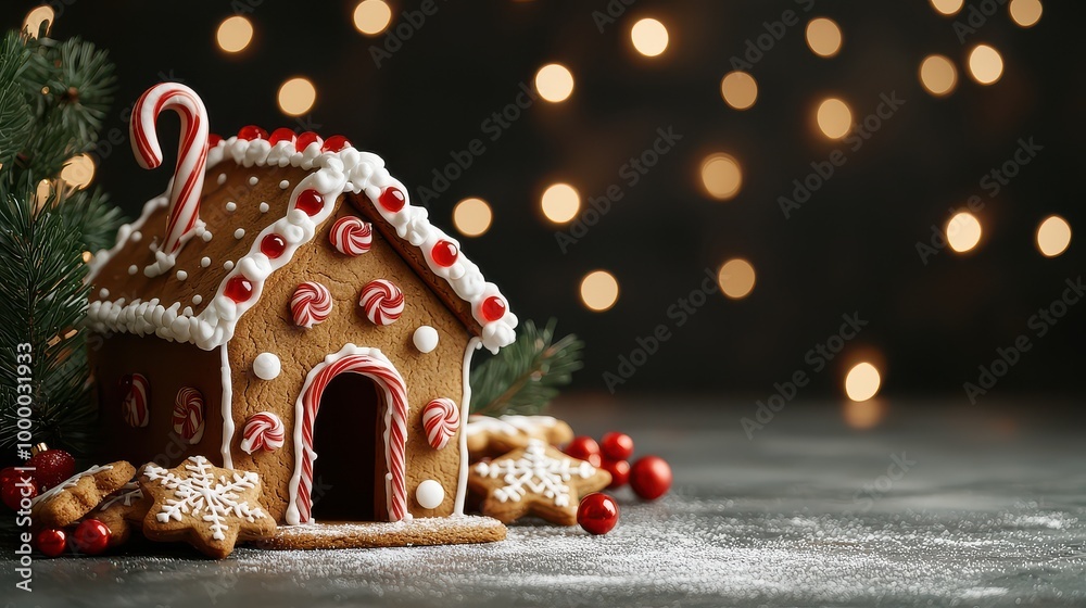 A gingerbread house with candy canes on it. The house is decorated with red and white icing and has a candy cane on top. The house is surrounded by snowflakes and berries A gingerbread house with candy canes on it. The house is decorated with red and white icing and has a candy cane on top. The house is surrounded by snowflakes and berries