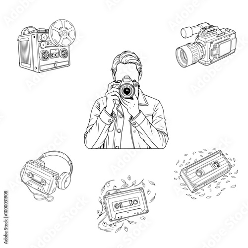 Photo, video and audio equipment from the 90's, VHS tapes and cameras. Set of vector monochrome sketches in line art style