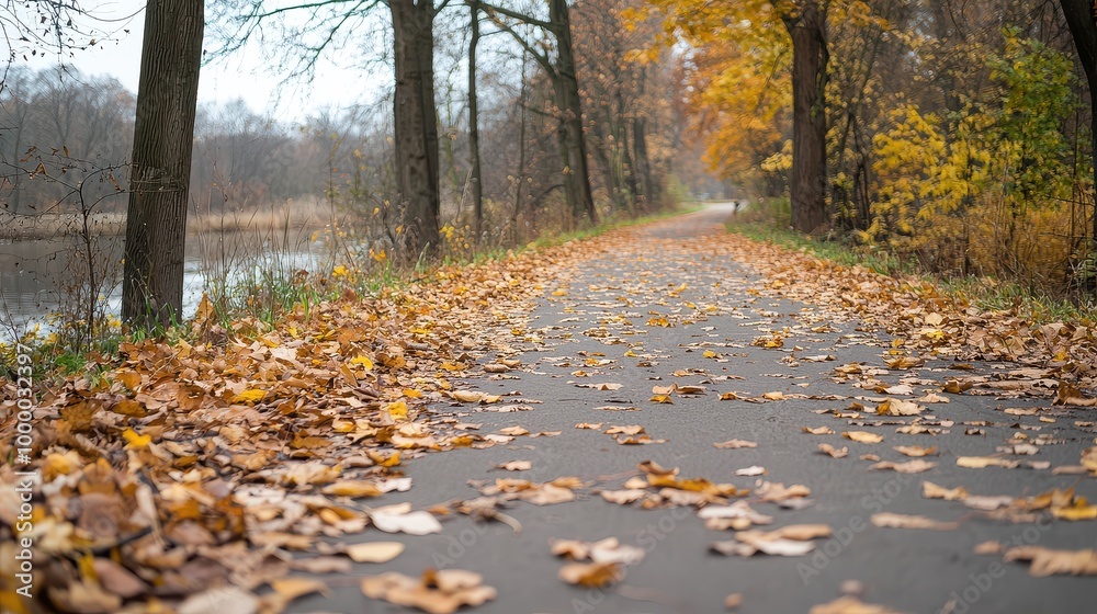 A path with leaves on the ground and trees in the background. The leaves are scattered all over the ground, creating a beautiful autumn scene A path with leaves on the ground and trees in the background. The leaves are scattered all over the ground, creating a beautiful autumn scene