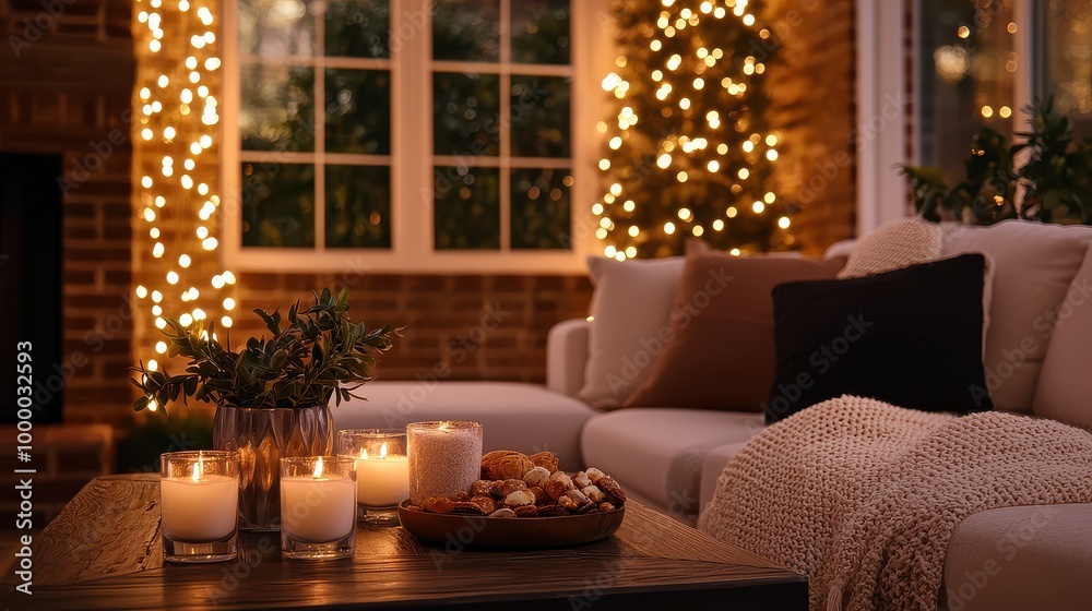 A cozy living room with a Christmas tree and a fireplace. A table with candles and a plate of cookies A cozy living room with a Christmas tree and a fireplace. A table with candles and a plate of cookies