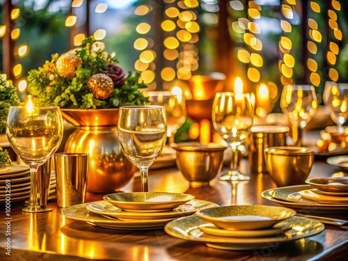 Elegant golden fellowship dinner setting with lavish tableware, soft lighting, and gourmet dishes