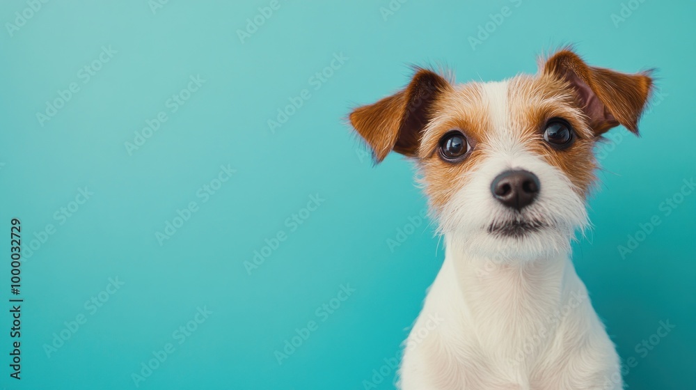 A small, cute dog with brown and white fur against a bright blue background. A small, cute dog with brown and white fur against a bright blue background.