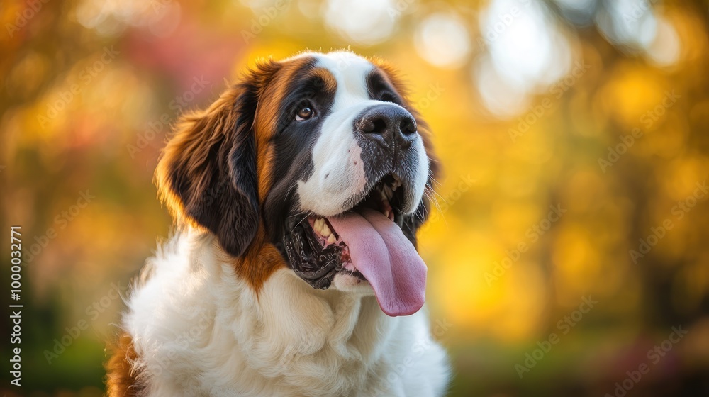 A St. Bernard dog with a joyful expression in a vibrant autumn setting. A St. Bernard dog with a joyful expression in a vibrant autumn setting.