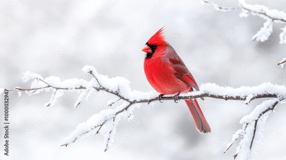 A red cardinal perched on a snow-covered branch. Concept of tranquility and beauty in the midst of winter. The bird's vibrant red color stands out against the white snow, creating a striking contrast A red cardinal perched on a snow-covered branch. Concept of tranquility and beauty in the midst of winter. The bird's vibrant red color stands out against the white snow, creating a striking contrast