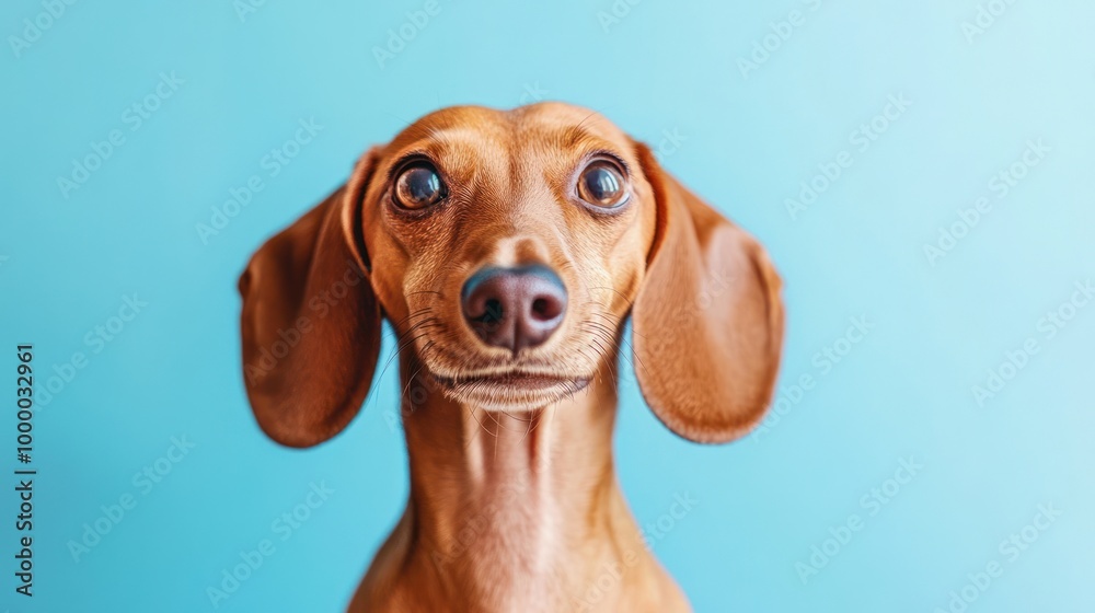 A close-up portrait of a playful dachshund against a vibrant blue background. A close-up portrait of a playful dachshund against a vibrant blue background.
