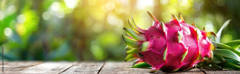 A vibrant dragon fruit on a wooden surface, set against a blurred green background. A vibrant dragon fruit on a wooden surface, set against a blurred green background.