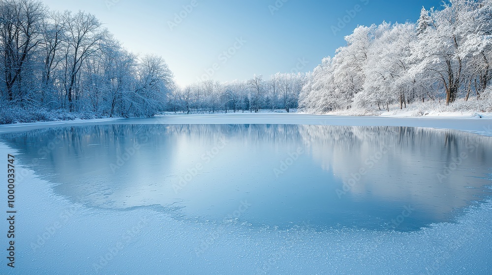 A frozen lake with trees in the background. The lake is calm and still, reflecting the blue sky above. The scene is peaceful and serene A frozen lake with trees in the background. The lake is calm and still, reflecting the blue sky above. The scene is peaceful and serene