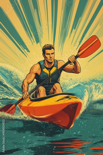 Vintage poster design vector illustration of a man kayaking in water photo