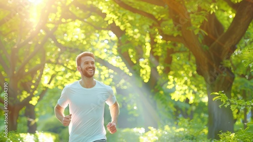 Smiling man jogging through a sunny forest