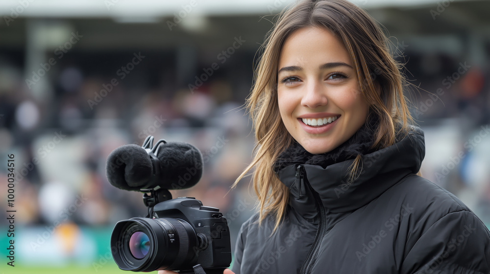 A female sports reporter in her late thirties, standing on the pitch of an outdoor cricket stadium with a camera and microphone for an interview A female sports reporter in her late thirties, standing on the pitch of an outdoor cricket stadium with a camera and microphone for an interview