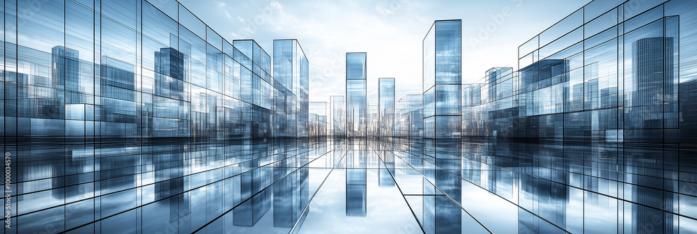 Wide-angle view of a modern cityscape with sleek, reflective glass skyscrapers. Cool-toned color palette with symmetrical reflections, creating depth and a futuristic aesthetic.