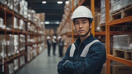 A group of Asian workers wearing white safety helmets and work are working in the warehouse, preparing to return boxes into shelves on their right side.