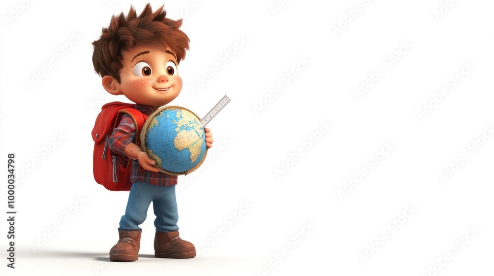 A cheerful boy with a backpack holding a globe, symbolizing exploration and education. A cheerful boy with a backpack holding a globe, symbolizing exploration and education.