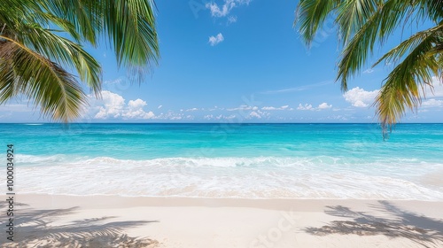 A beautiful beach with palm trees and a clear blue sky. The ocean is calm and inviting. The scene is peaceful and relaxing, perfect for a day of sunbathing and swimming