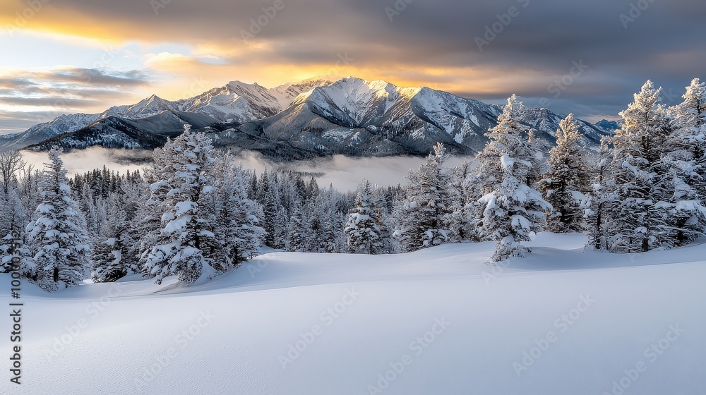 A snowy mountain range with a beautiful orange and pink sky in the background. The mountains are covered in snow and the trees are bare. The scene is peaceful and serene A snowy mountain range with a beautiful orange and pink sky in the background. The mountains are covered in snow and the trees are bare. The scene is peaceful and serene