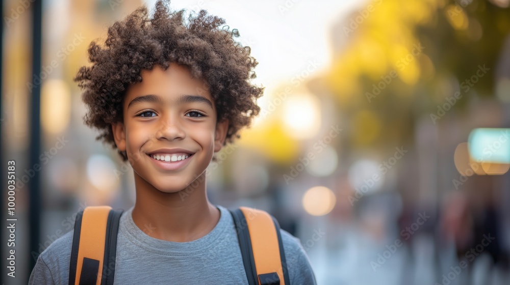 A portrait of an African American teenage boy with curly hair, wearing a backpack and smiling at the camera on street in town center A portrait of an African American teenage boy with curly hair, wearing a backpack and smiling at the camera on street in town center