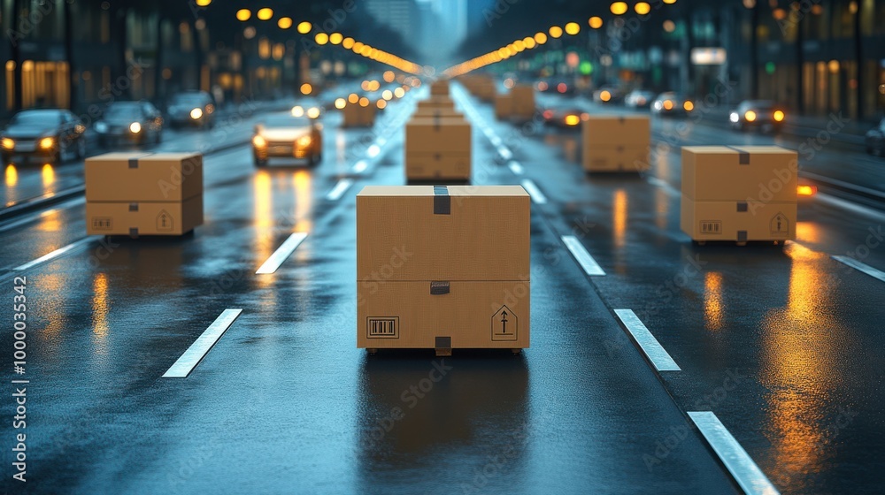 A line of cardboard boxes, each stacked in a row on a wet asphalt road, under the glow of street lamps at dusk. A line of cardboard boxes, each stacked in a row on a wet asphalt road, under the glow of street lamps at dusk.