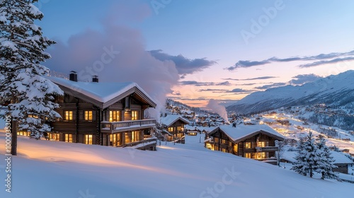 A snowy mountain landscape with a row of houses with chimneys. The houses are lit up at night, creating a cozy and warm atmosphere