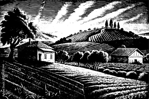 Rustic Countryside Landscape in Black and White Woodcut Style