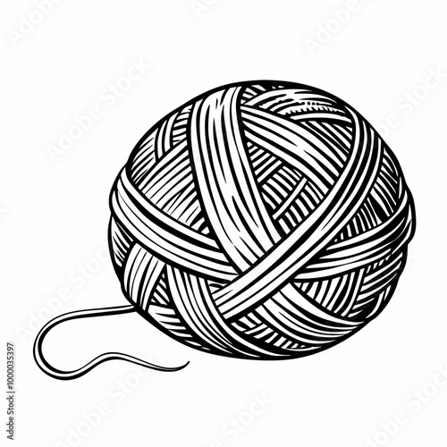 Intricate Yarn Ball in Black and White Illustration