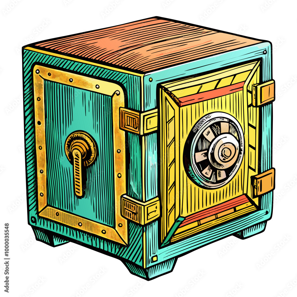 Vintage Hand Drawn Safe with Lock and Handle in Retro Color Palette