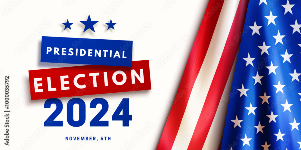 Presidential election USA 2024 banner with realistic national American flag on white background. Election design for web poster, flyer, post in social media. Vote in november 5. Vector illustration Presidential election USA 2024 banner with realistic national American flag on white background. Election design for web poster, flyer, post in social media. Vote in november 5. Vector illustration